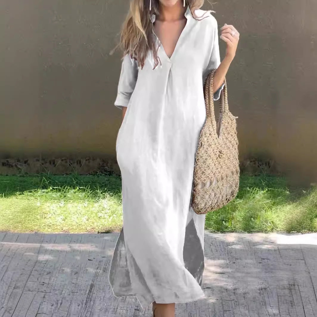 Ysabel | Abito lungo classico da donna con scollo a V e maniche larghe