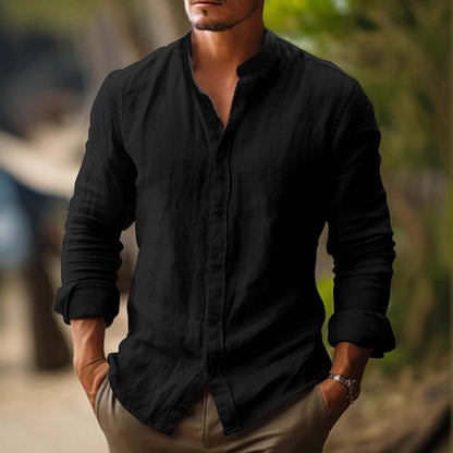 Leon | Camicia da uomo in lino con colletto alla coreana e abbottonatura