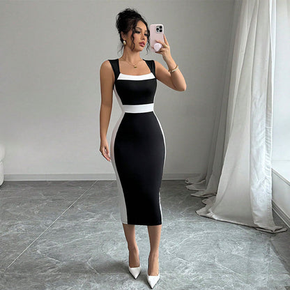 Nadine | Damen figurbetontes Midi-Kleid mit kontrastierendem Ausschnitt