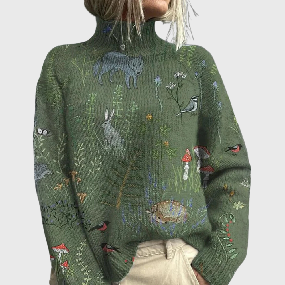 Alina | warmer Rollkragenpullover mit Tiermotiv und Stickerei
