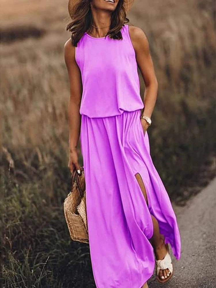 Jovina | Damen Maxikleid ärmellos mit Seitenschlitzen