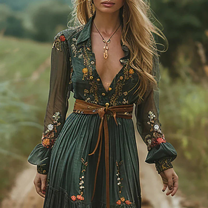 Alberina | Women's maxi dress with floral print and V-neck | V-neck