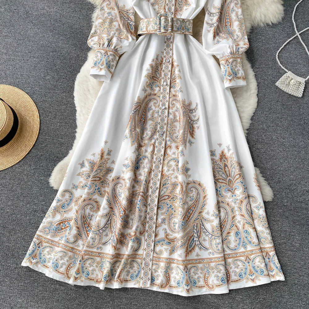 Mia | Damen A-Linienkleid mit Paisleymuster und breitem Gürtel