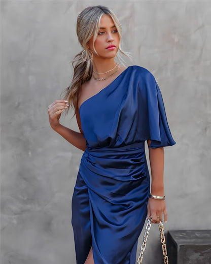 Elfrida | Damen-Midikleid im One-Shoulder-Design mit Schlitz | Wickeloptik