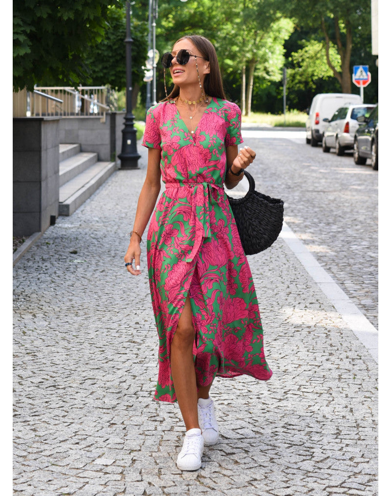 Melira | Damen Wickelkleid mit Blumenmuster und V Ausschnitt