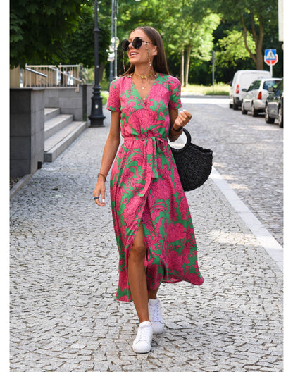 Melira | Damen Wickelkleid mit Blumenmuster und V Ausschnitt