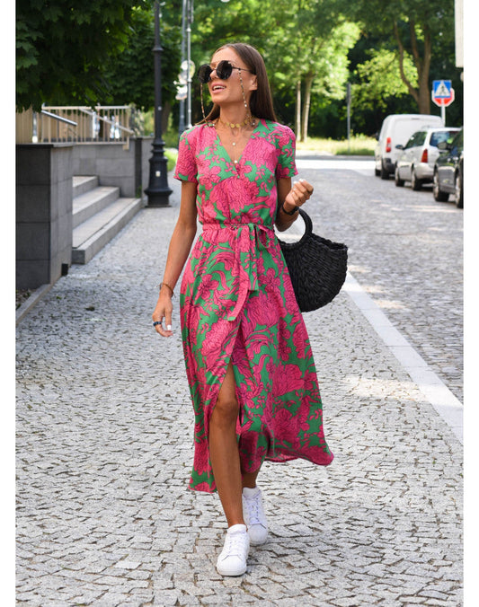Melira | Damen Wickelkleid mit Blumenmuster und V Ausschnitt