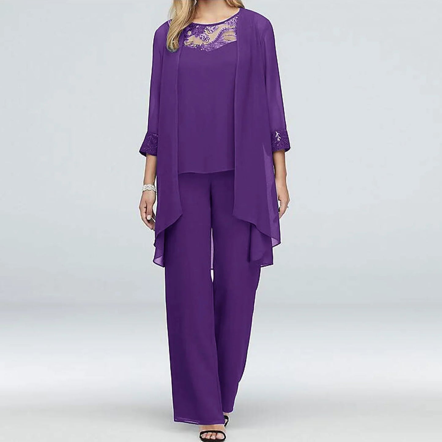 Soraya | Dreiteiliges Set mit Spitzen Oberteil, Cardigan und Weiter Hose