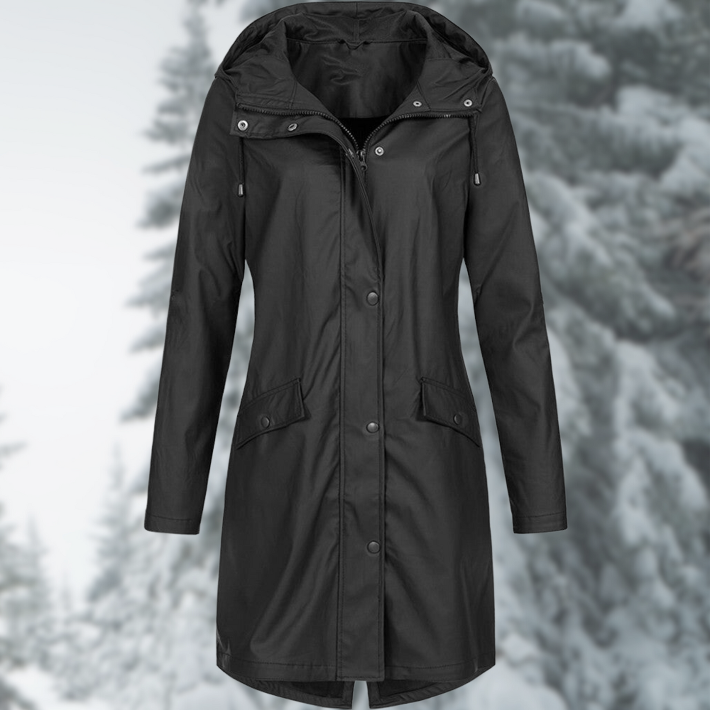 Viktoria | Lange Regenjacke mit Kapuze und Knopfleiste
