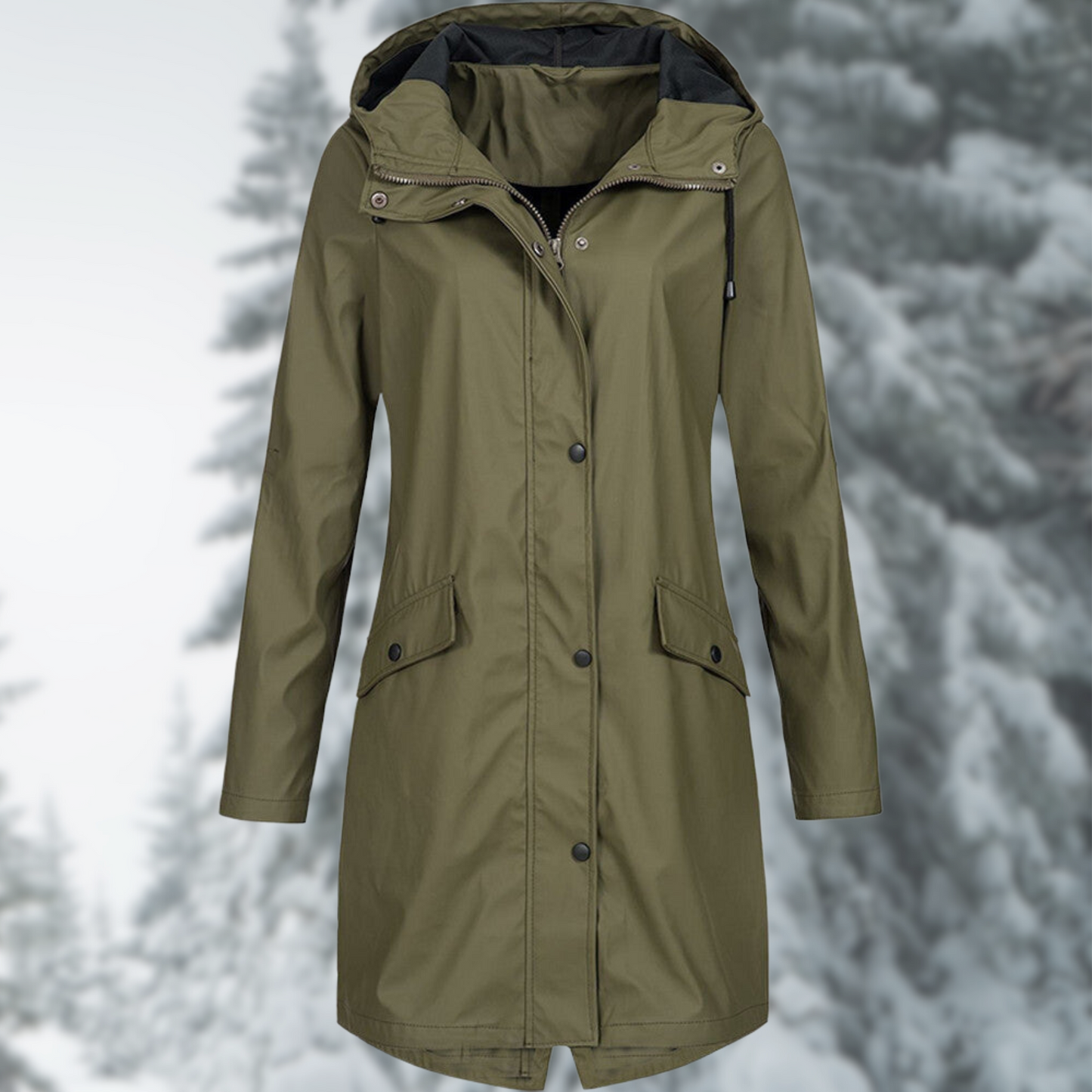 Viktoria | Lange Regenjacke mit Kapuze und Knopfleiste