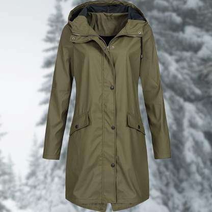 Viktoria | Lange Regenjacke mit Kapuze und Knopfleiste