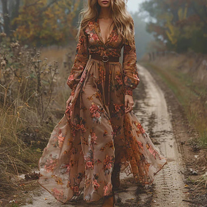Alberina | Women's maxi dress with floral print and V-neck | V-neck