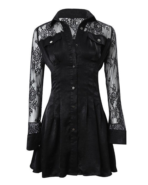 Marlene | Damen Hemdblusenkleid mit langen Ärmeln und Spitzendetail