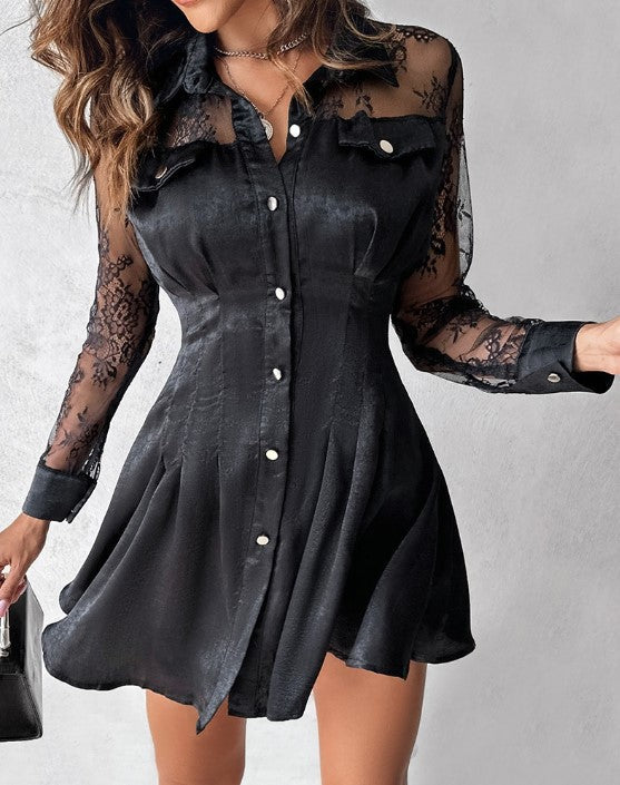 Marlene | Damen Hemdblusenkleid mit langen Ärmeln und Spitzendetail
