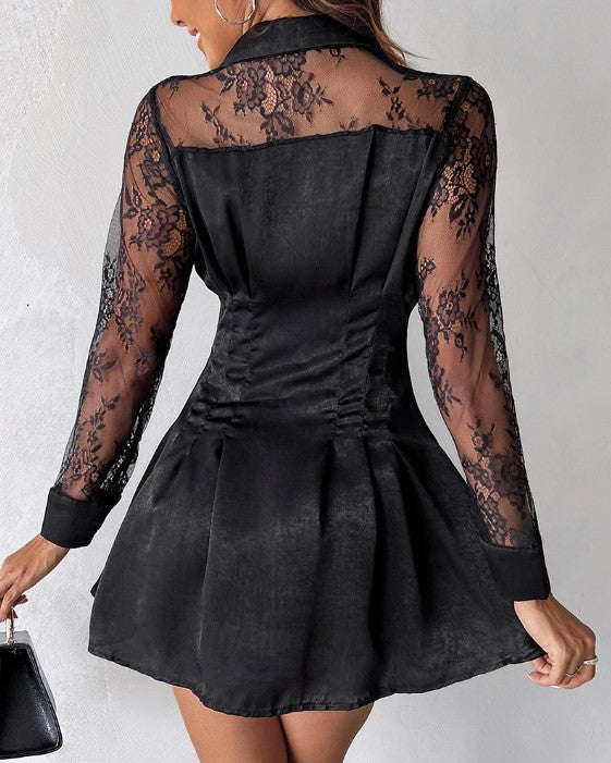 Marlene | Damen Hemdblusenkleid mit langen Ärmeln und Spitzendetail