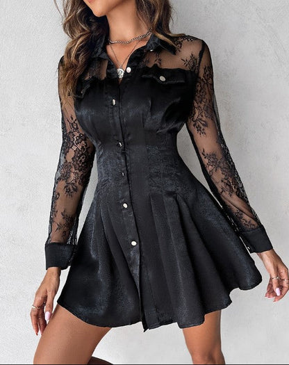 Marlene | Damen Hemdblusenkleid mit langen Ärmeln und Spitzendetail