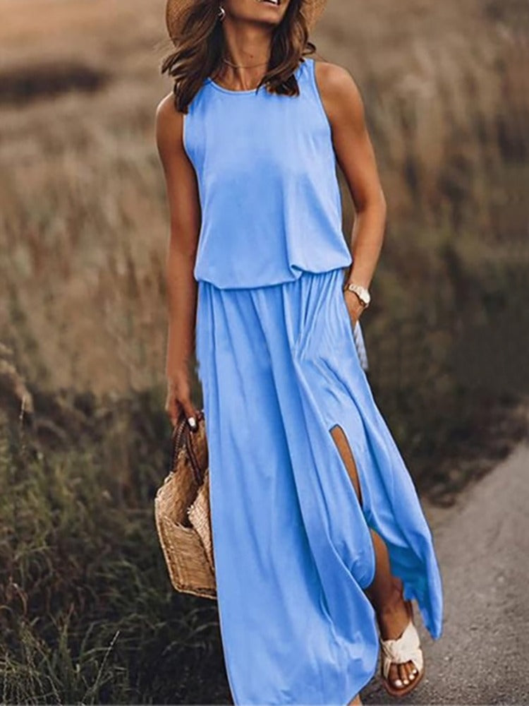 Jovina | Damen Maxikleid ärmellos mit Seitenschlitzen