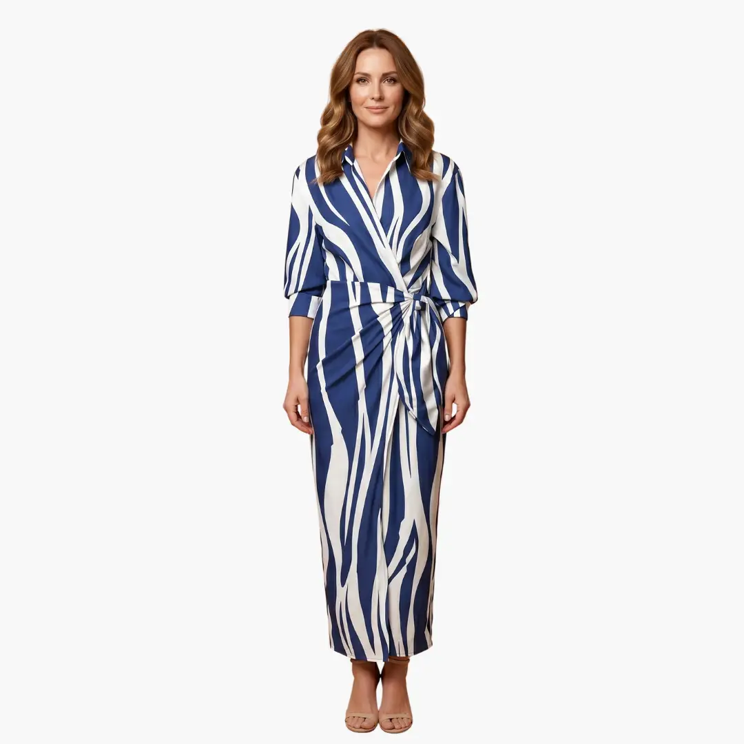 Bärbel | Damen Maxikleid aus Baumwolle mit Streifen und Wickeloptik