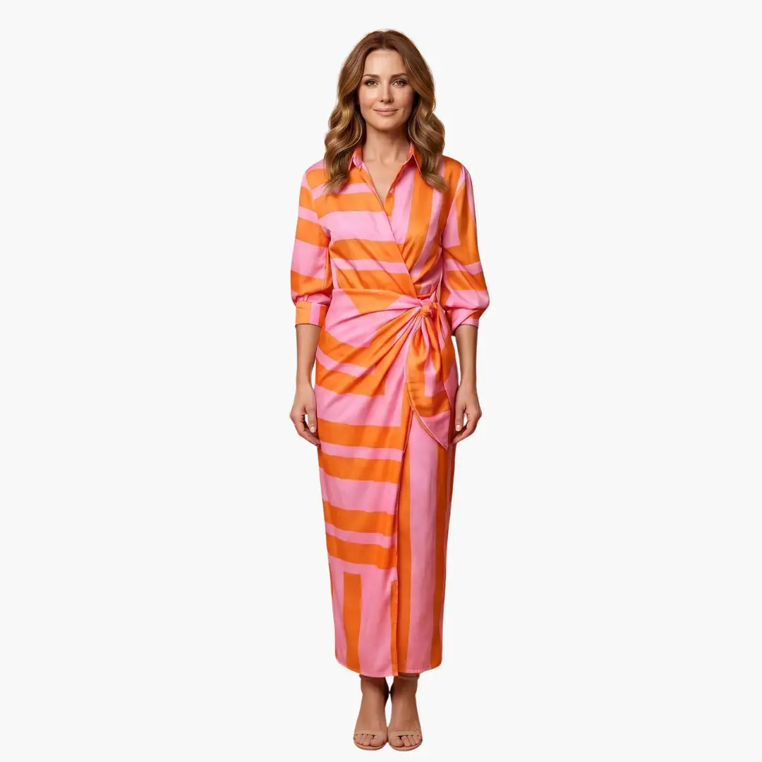 Bärbel | Damen Maxikleid aus Baumwolle mit Streifen und Wickeloptik
