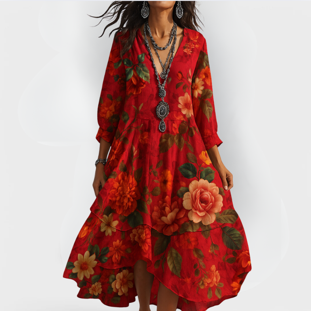 Elvara | Damen Boho Sommerkleid mit V Ausschnitt und lockerem Schnitt