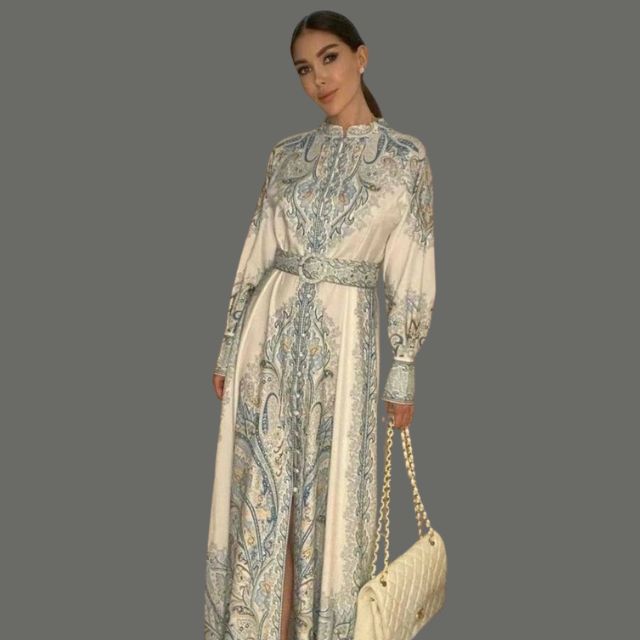 Mia | Damen A-Linienkleid mit Paisleymuster und breitem Gürtel