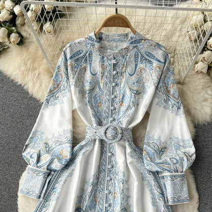 Mia | Damen A-Linienkleid mit Paisleymuster und breitem Gürtel