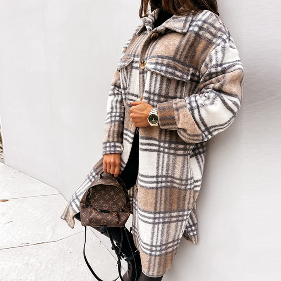 Vanessa | Damen langer karierter Mantel für den Herbst