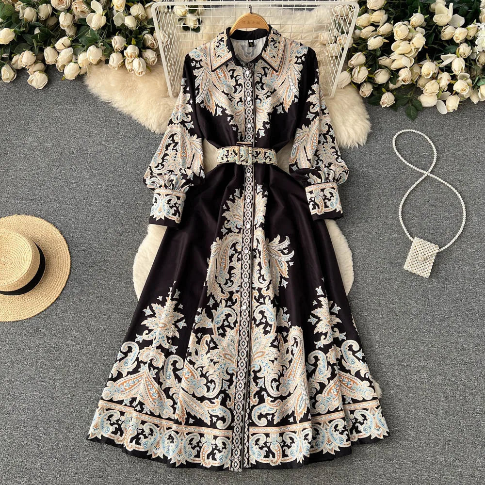 Mia | Damen A-Linienkleid mit Paisleymuster und breitem Gürtel