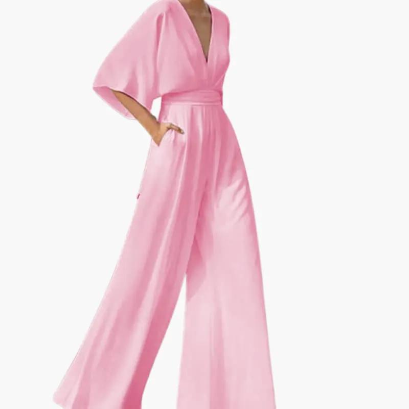 Birgit | Damen Hochzeits Jumpsuit mit V Ausschnitt und halben Ärmeln