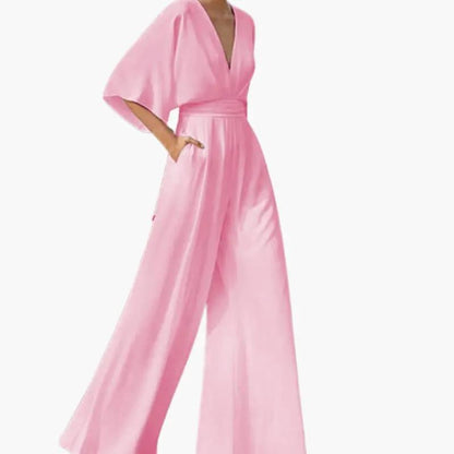 Birgit | Damen Hochzeits Jumpsuit mit V Ausschnitt und halben Ärmeln