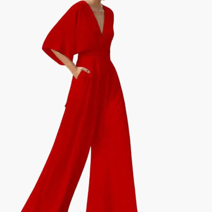 Birgit | Damen Hochzeits Jumpsuit mit V Ausschnitt und halben Ärmeln