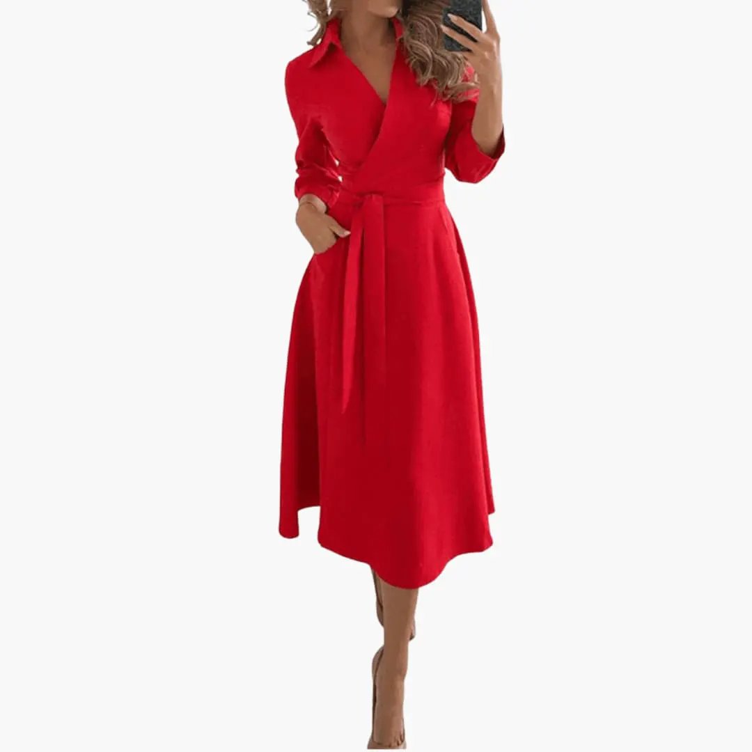 Ursula | Damen Midikleid mit Reverskragen und Taillenband