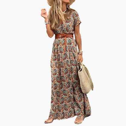Sieglinde | Damen Maxikleid mit Gürtel und kurzen Ärmeln