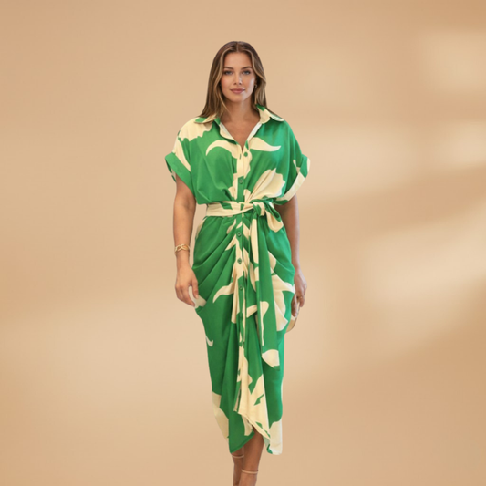 Saskia | Women's Midi Dress with Pattern and Tie Belt