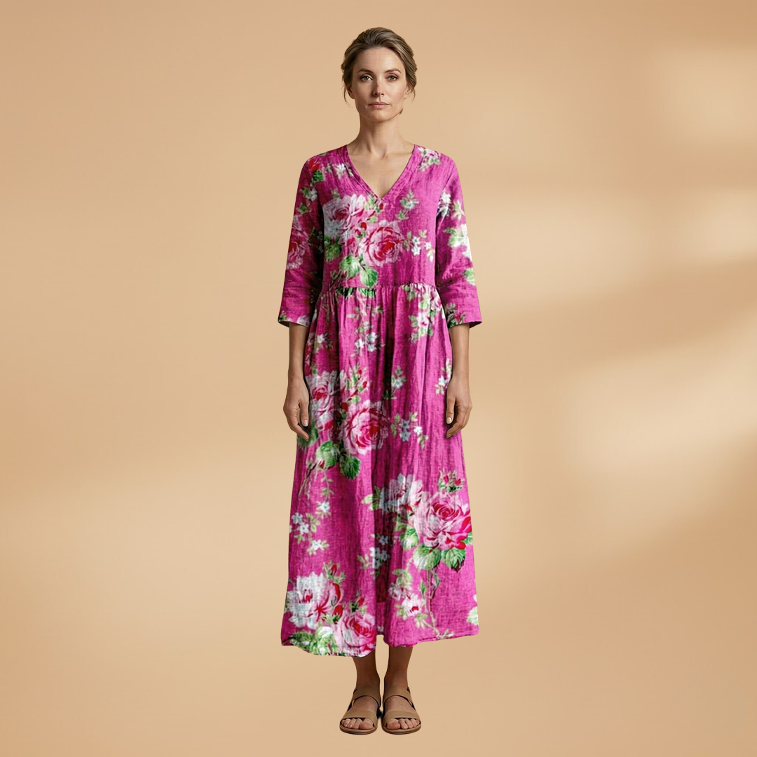 Evelina | Damen Maxikleid mit Blumenmuster und V Ausschnitt