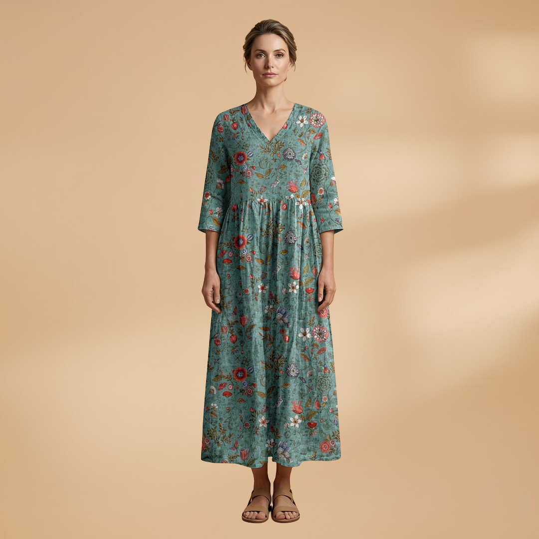 Evelina | Damen Maxikleid mit Blumenmuster und V Ausschnitt