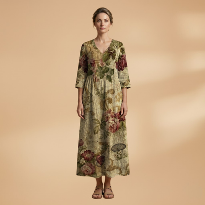 Evelina | Damen Maxikleid mit Blumenmuster und V Ausschnitt