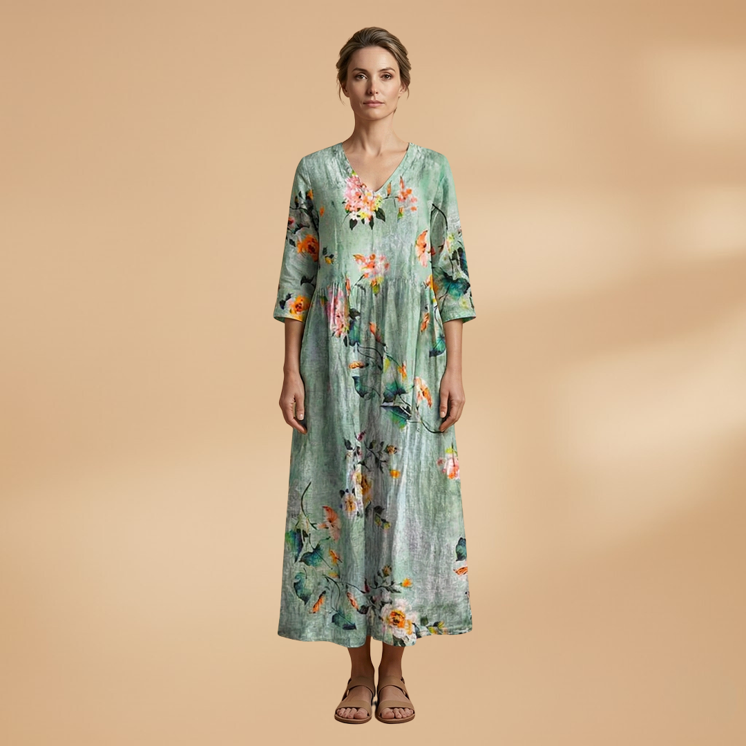 Evelina | Damen Maxikleid mit Blumenmuster und V Ausschnitt