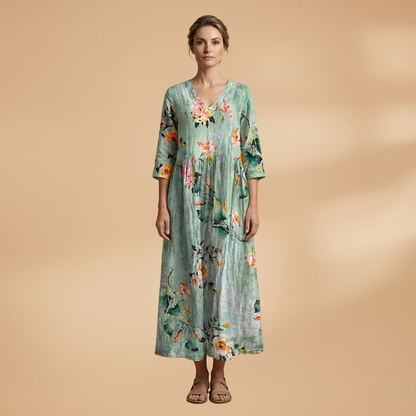 Evelina | Damen Maxikleid mit Blumenmuster und V Ausschnitt