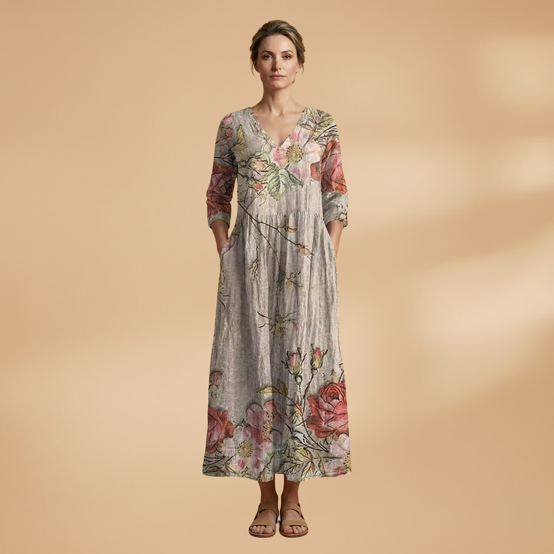 Evelina | Damen Maxikleid mit Blumenmuster und V Ausschnitt