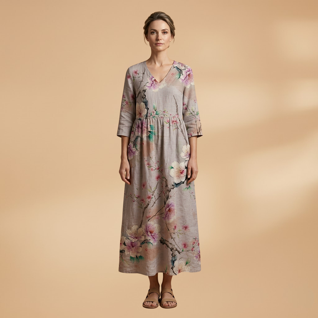 Evelina | Damen Maxikleid mit Blumenmuster und V Ausschnitt