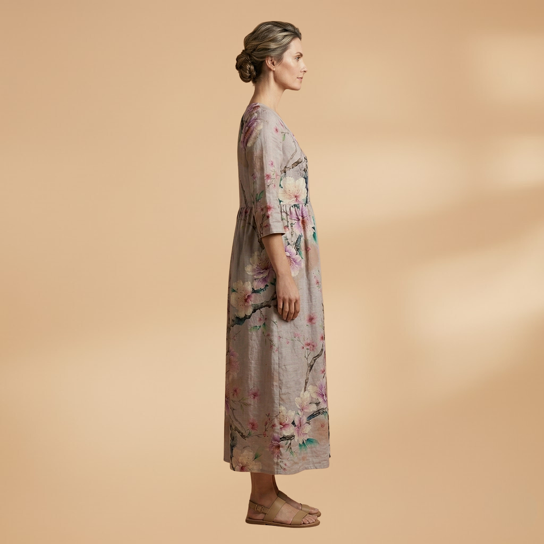 Evelina | Damen Maxikleid mit Blumenmuster und V Ausschnitt