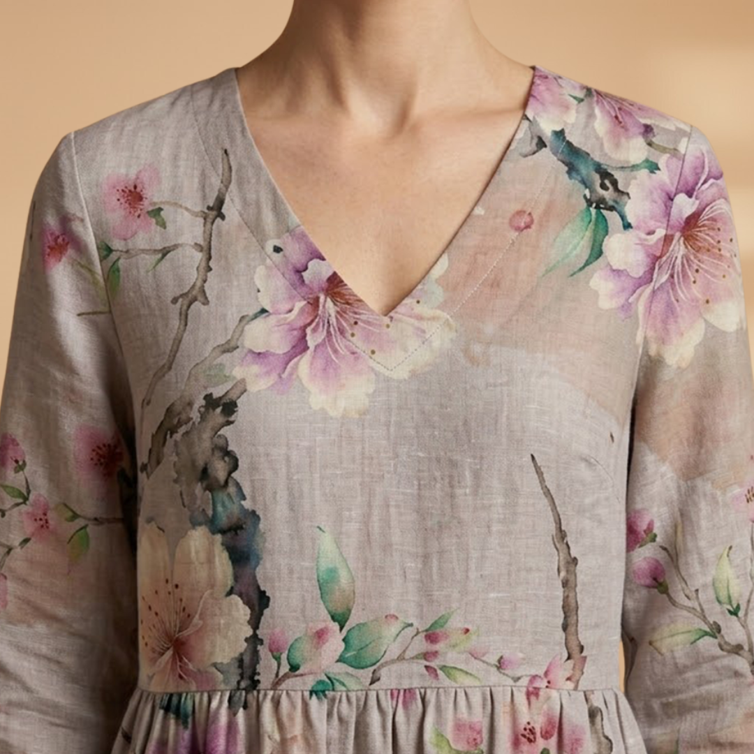 Evelina | Damen Maxikleid mit Blumenmuster und V Ausschnitt