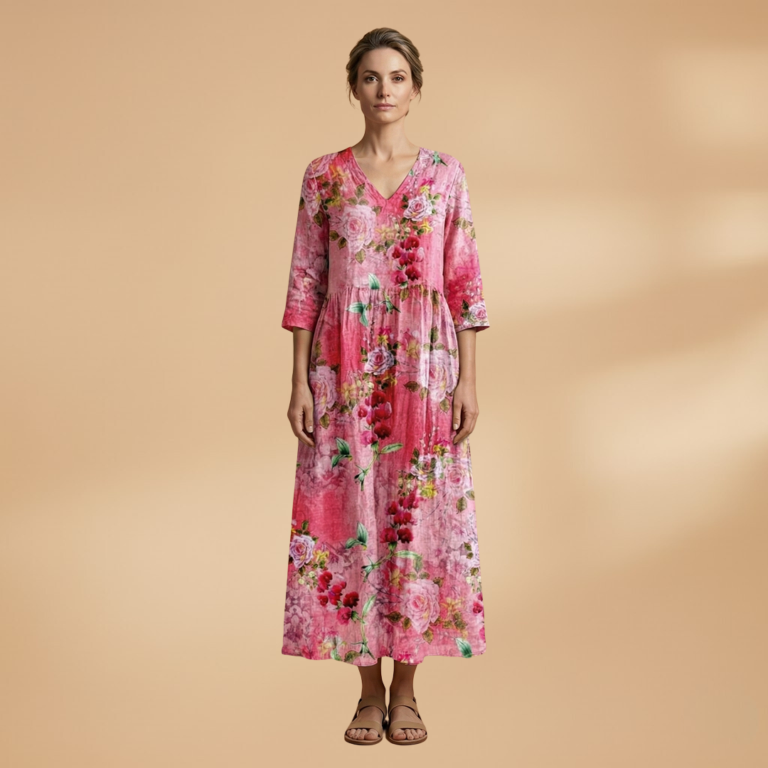 Evelina | Damen Maxikleid mit Blumenmuster und V Ausschnitt