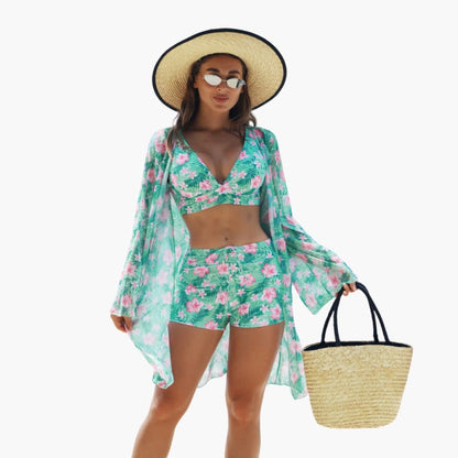 Lora | Damen Dreiteiliges Bikini Set mit Druckmuster und Kimono