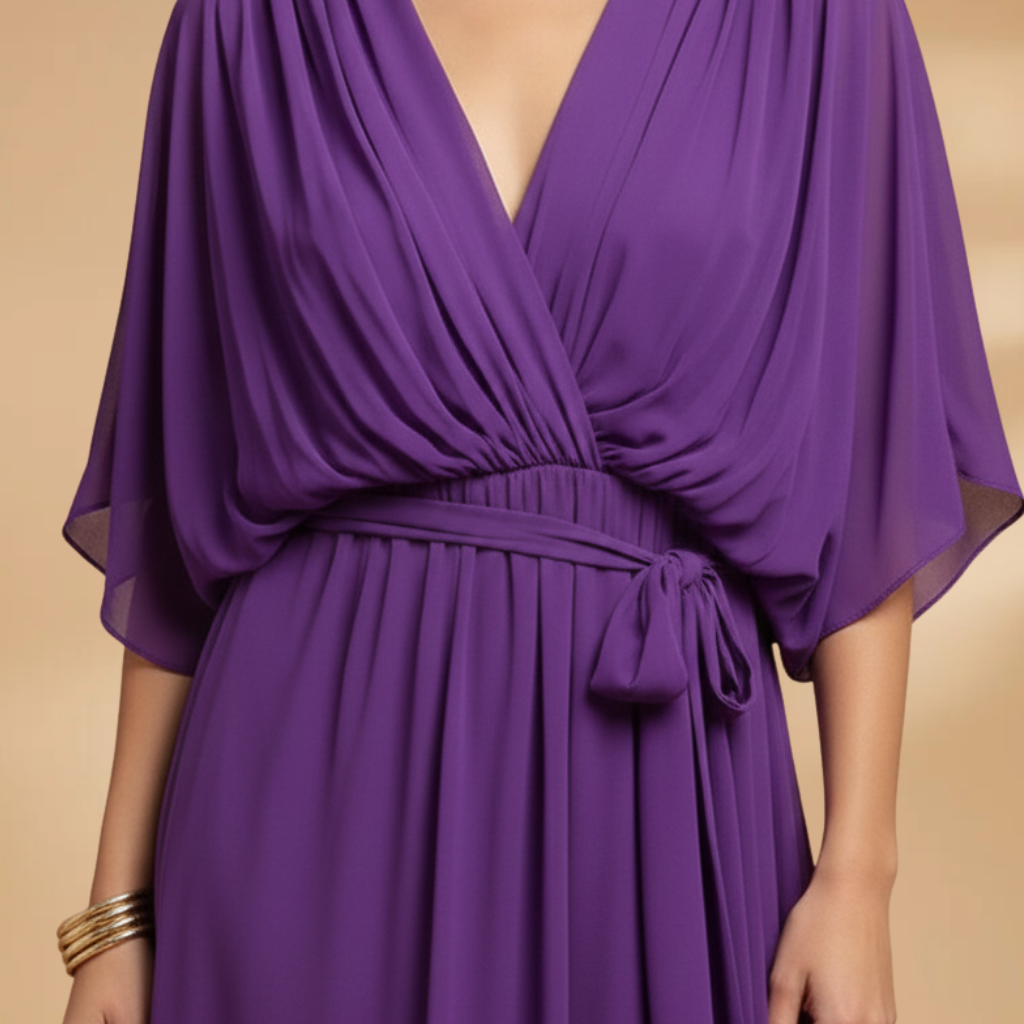 Vivien | Damen Chiffon Midikleid mit V Ausschnitt und Bindegürtel