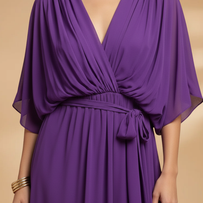 Vivien | Damen Chiffon Midikleid mit V Ausschnitt und Bindegürtel