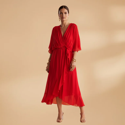Vivien | Damen Chiffon Midikleid mit V Ausschnitt und Bindegürtel