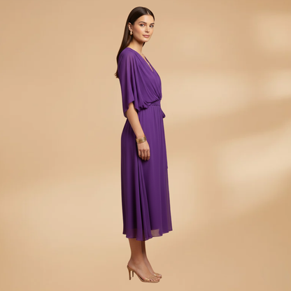 Vivien | Damen Chiffon Midikleid mit V Ausschnitt und Bindegürtel