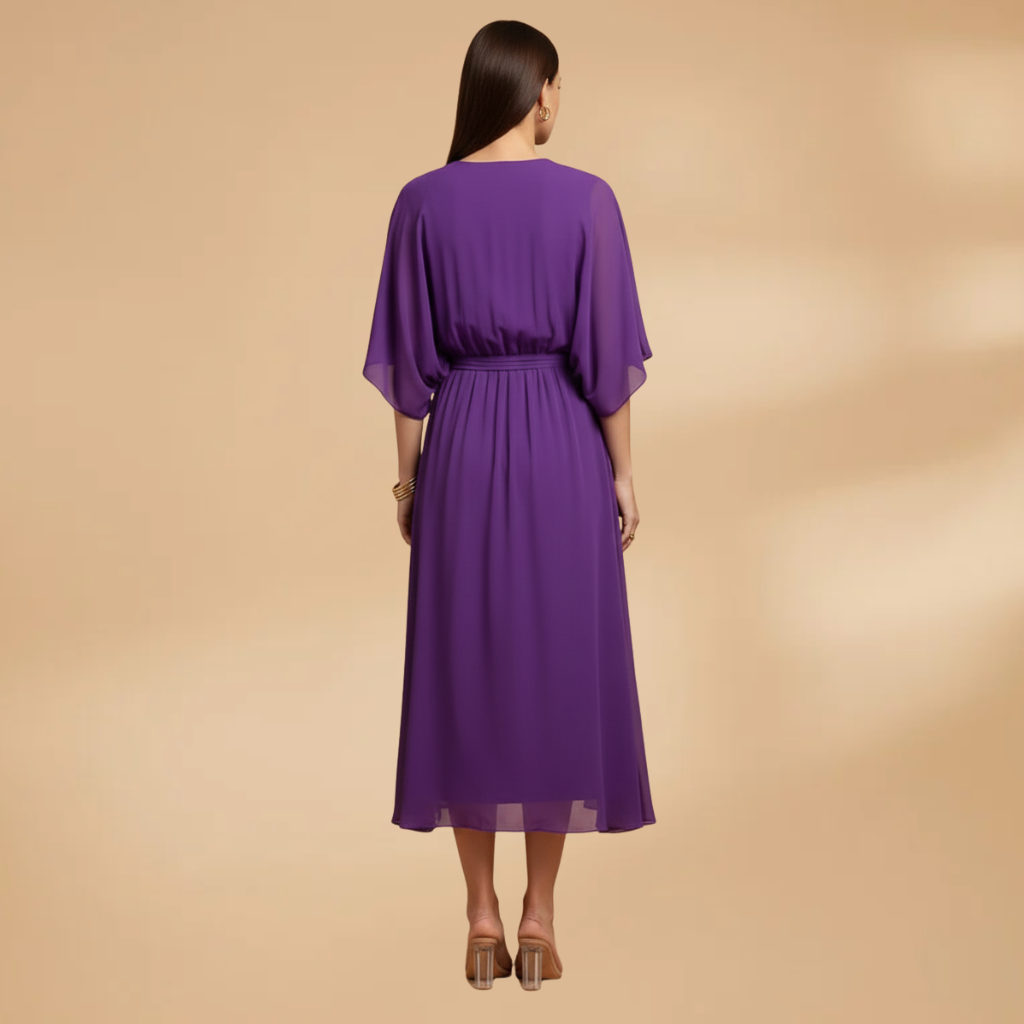 Vivien | Damen Chiffon Midikleid mit V Ausschnitt und Bindegürtel
